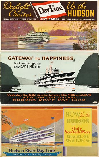 DESIGNERS UNKNOWN. HUDSON RIVER DAY LINE. Group of 3 window cards. Circa 1920s. Each approximately 11x21 inches, 28x53 cm.